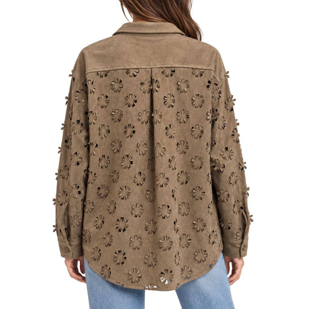 Giacca camicia donna manica lunga scamosciata con motivi floreali traforati e ta