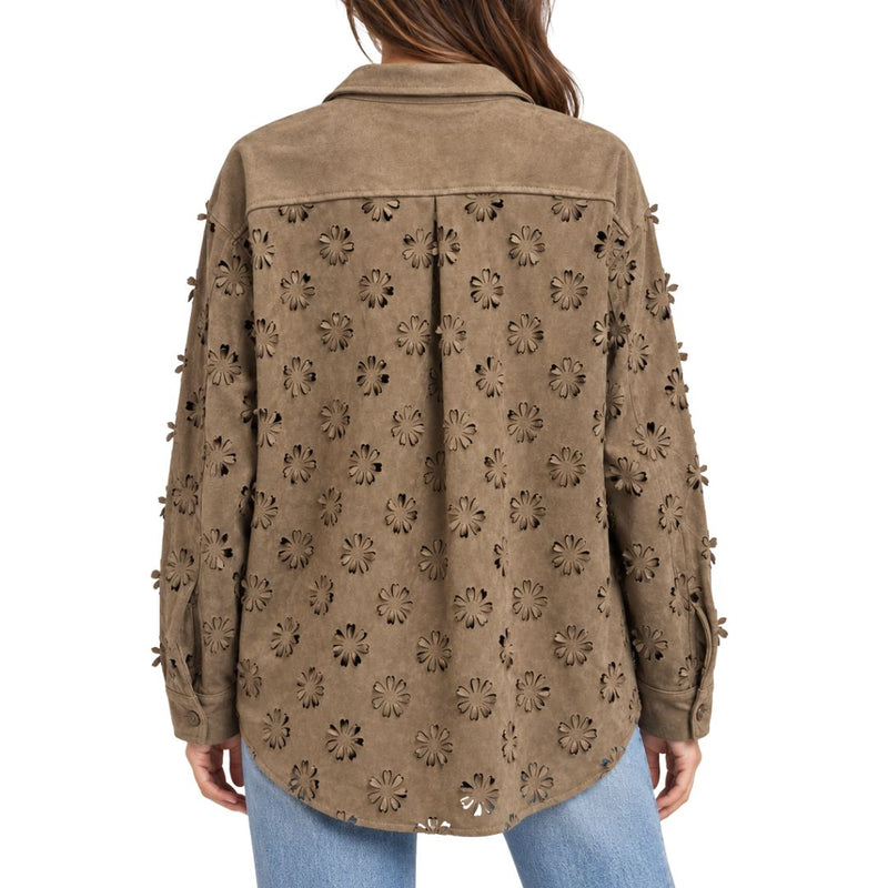 Giacca camicia donna manica lunga scamosciata con motivi floreali traforati e ta
