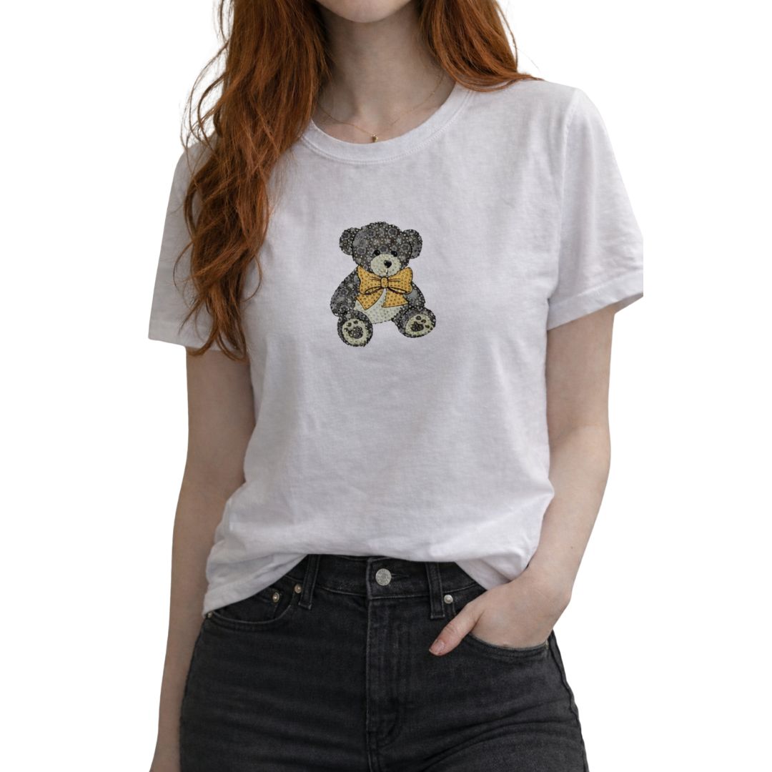 T-shirt donna con orsetto con fiocco e strass 95% cotone 5% elastan