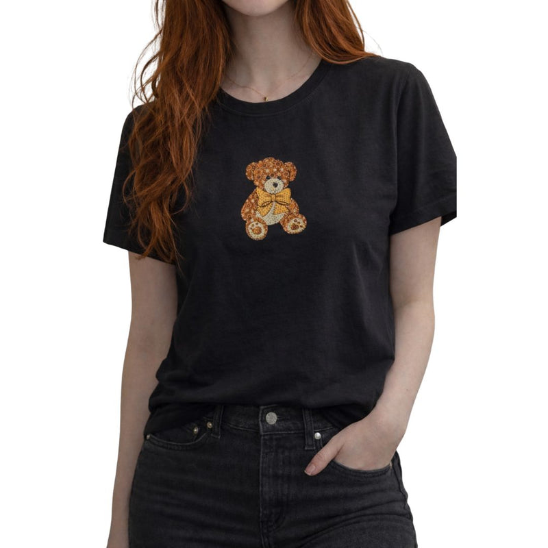 T-shirt donna con orsetto con fiocco e strass 95% cotone 5% elastan
