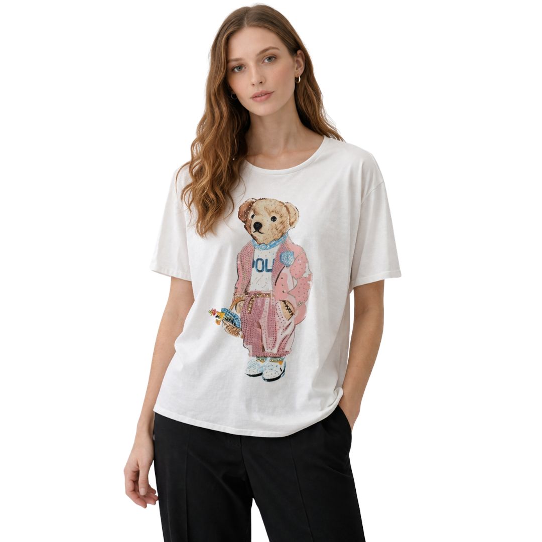 T-shirt donna a maniche corte con stampa orso e strass in cotone Made in Italy