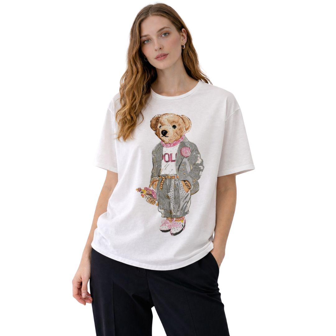 T-shirt donna a maniche corte con stampa orso e strass in cotone Made in Italy