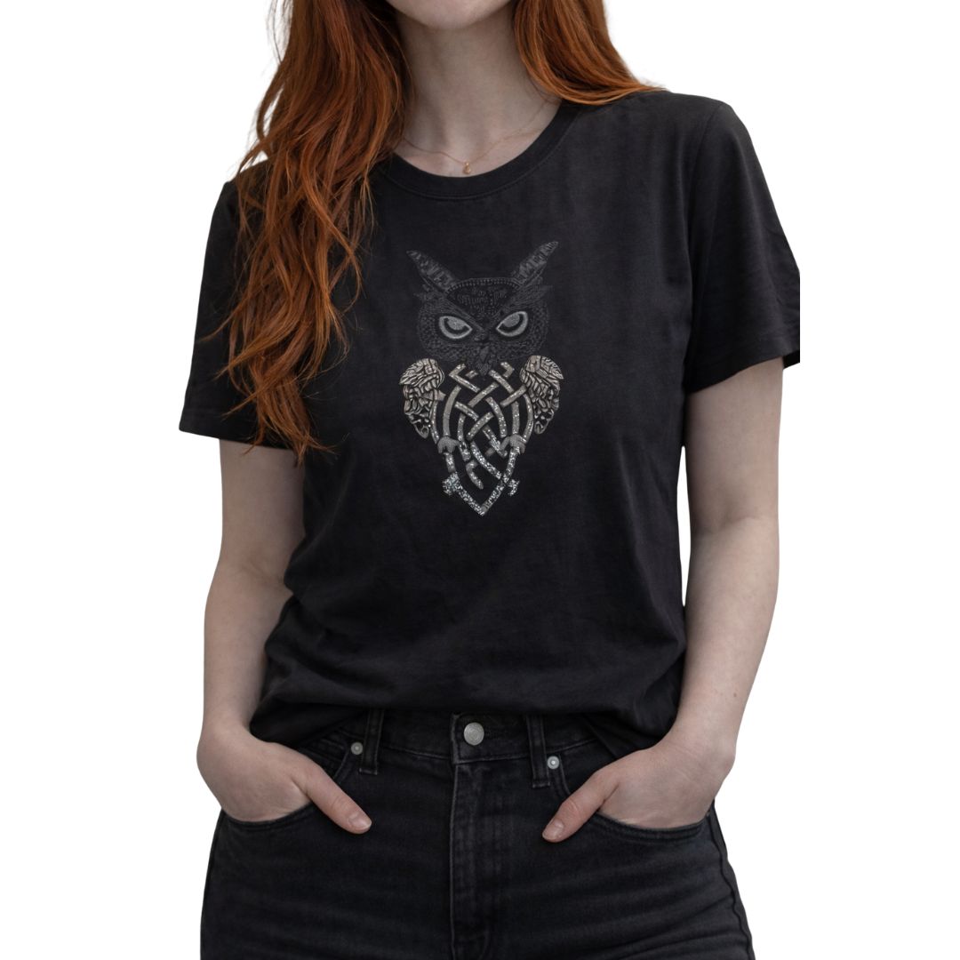 T-shirt donna a maniche corte con gufo in perline e strass 100% cotone