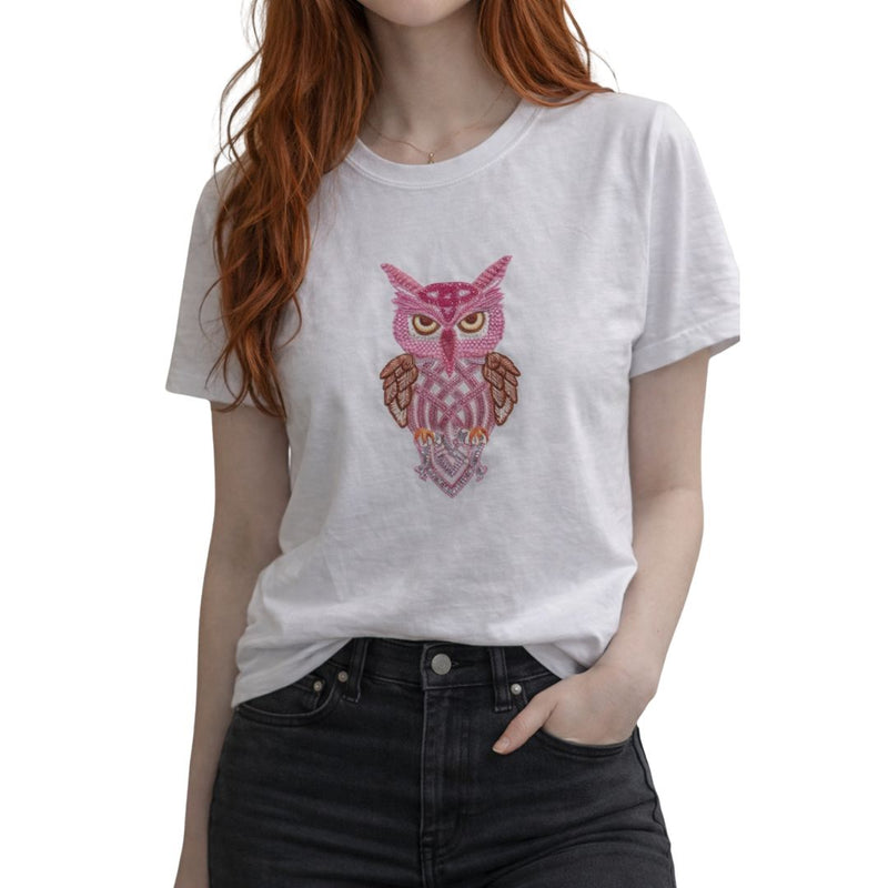 T-shirt donna a maniche corte con gufo in perline e strass 100% cotone