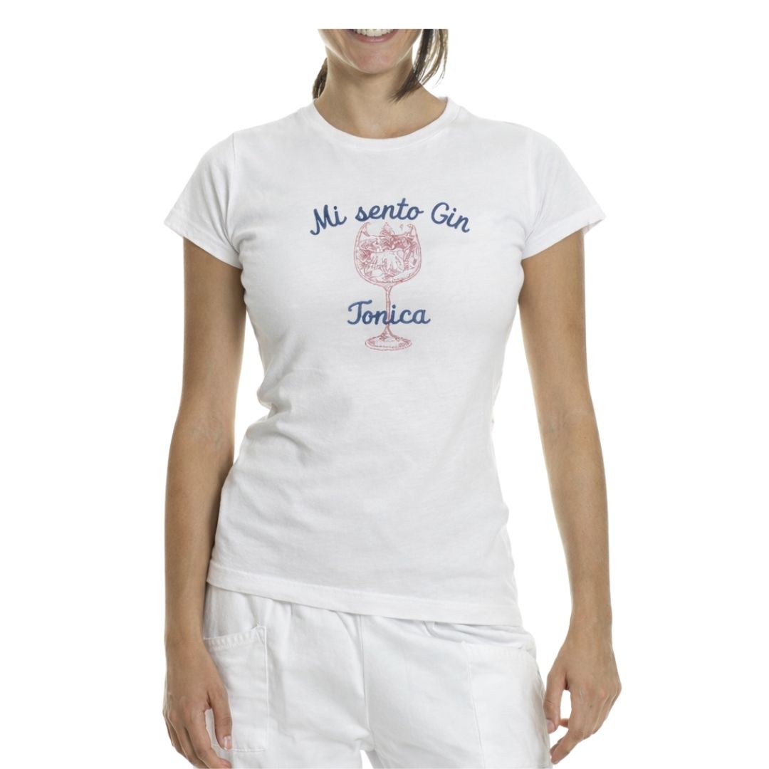 T-shirt ricamata con scritta "Mi sento gin tonica" 100% cotone