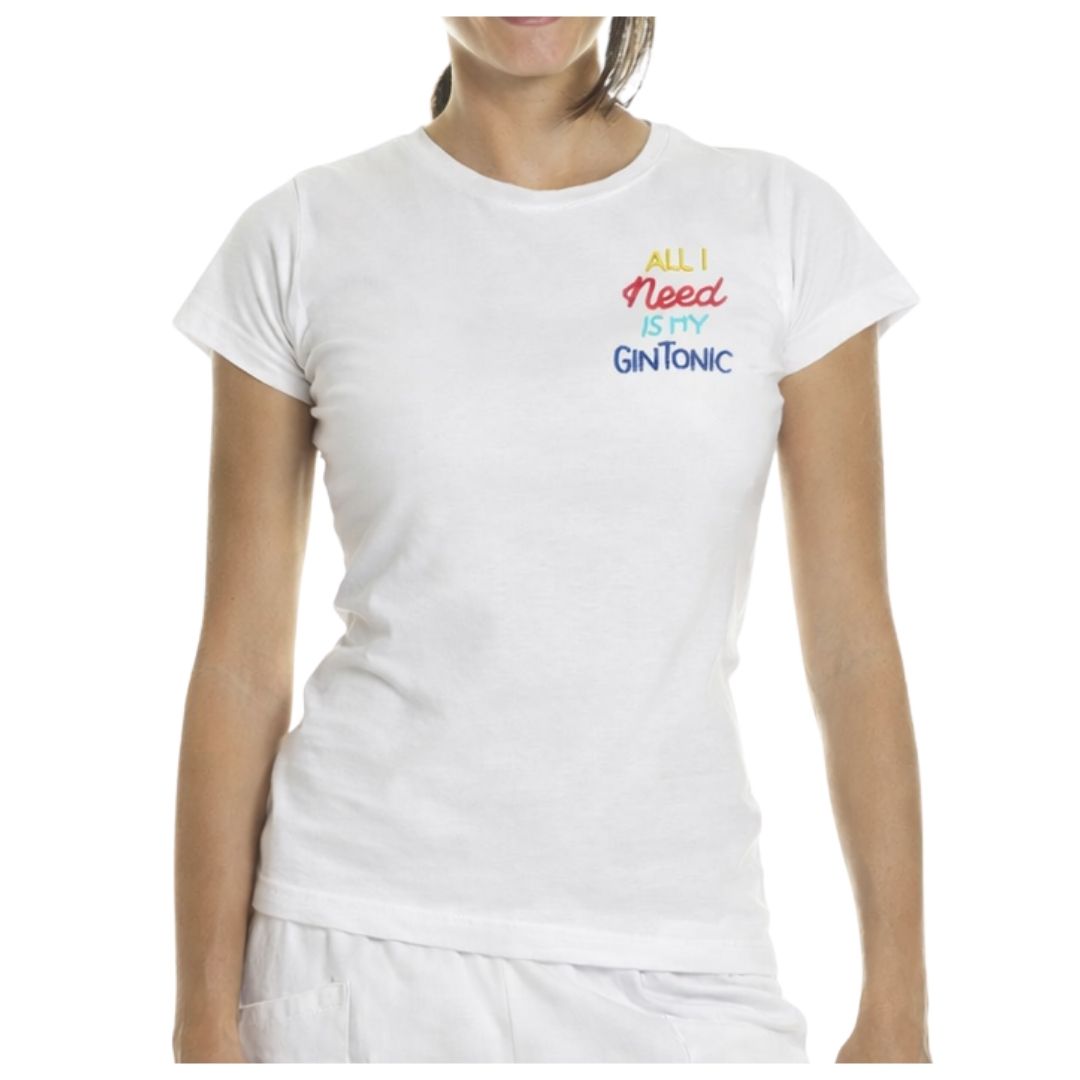T-shirt ricamata con scritta "All I need is my gin tonic" 100% cotone