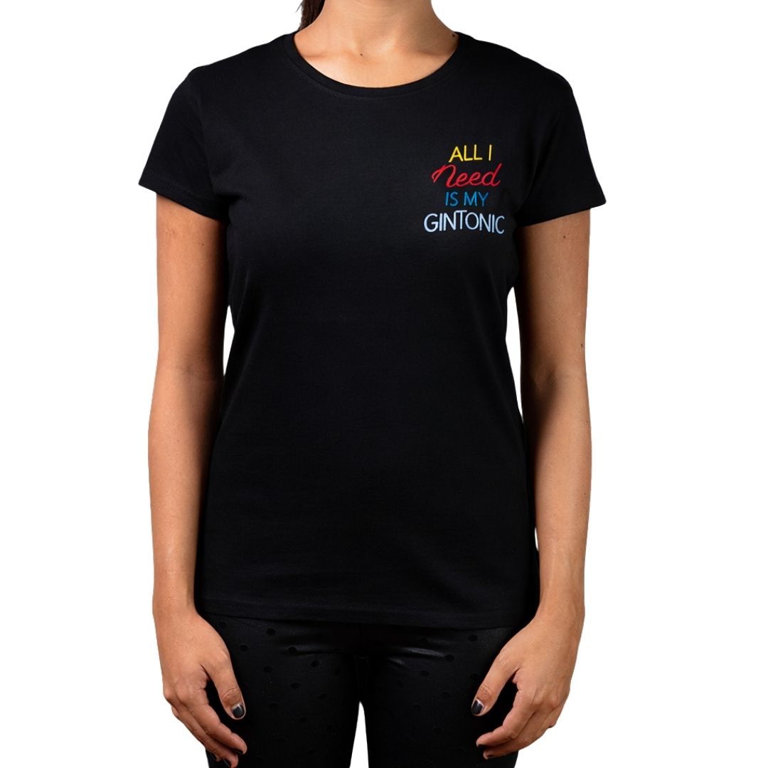 T-shirt ricamata con scritta "All I need is my gin tonic" 100% cotone