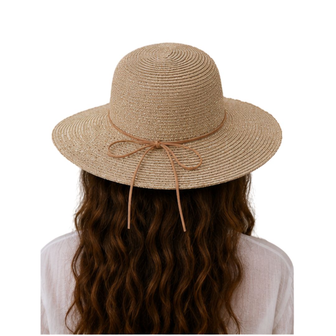 Cappello donna a tesa larga in paglia e filo laminato con fiocco Made in Italy