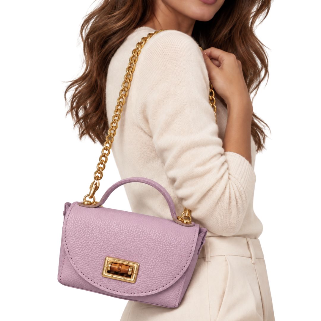 Borsa in pelle con tracolla oro e chiusura in bambù Made in Italy