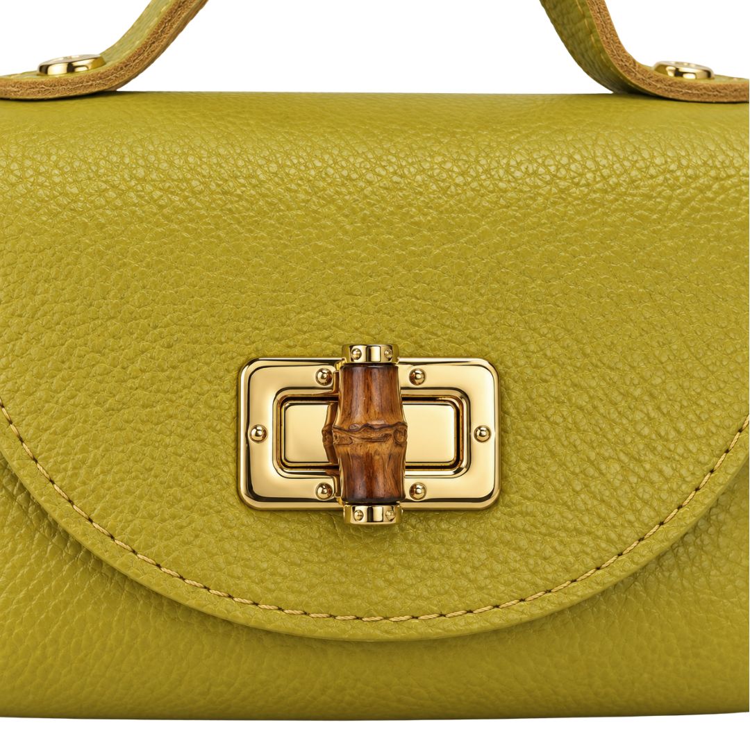 Borsa in pelle con tracolla oro e chiusura in bambù Made in Italy