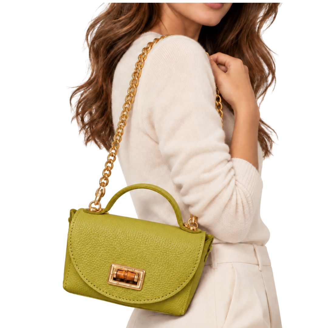 Borsa in pelle con tracolla oro e chiusura in bambù Made in Italy