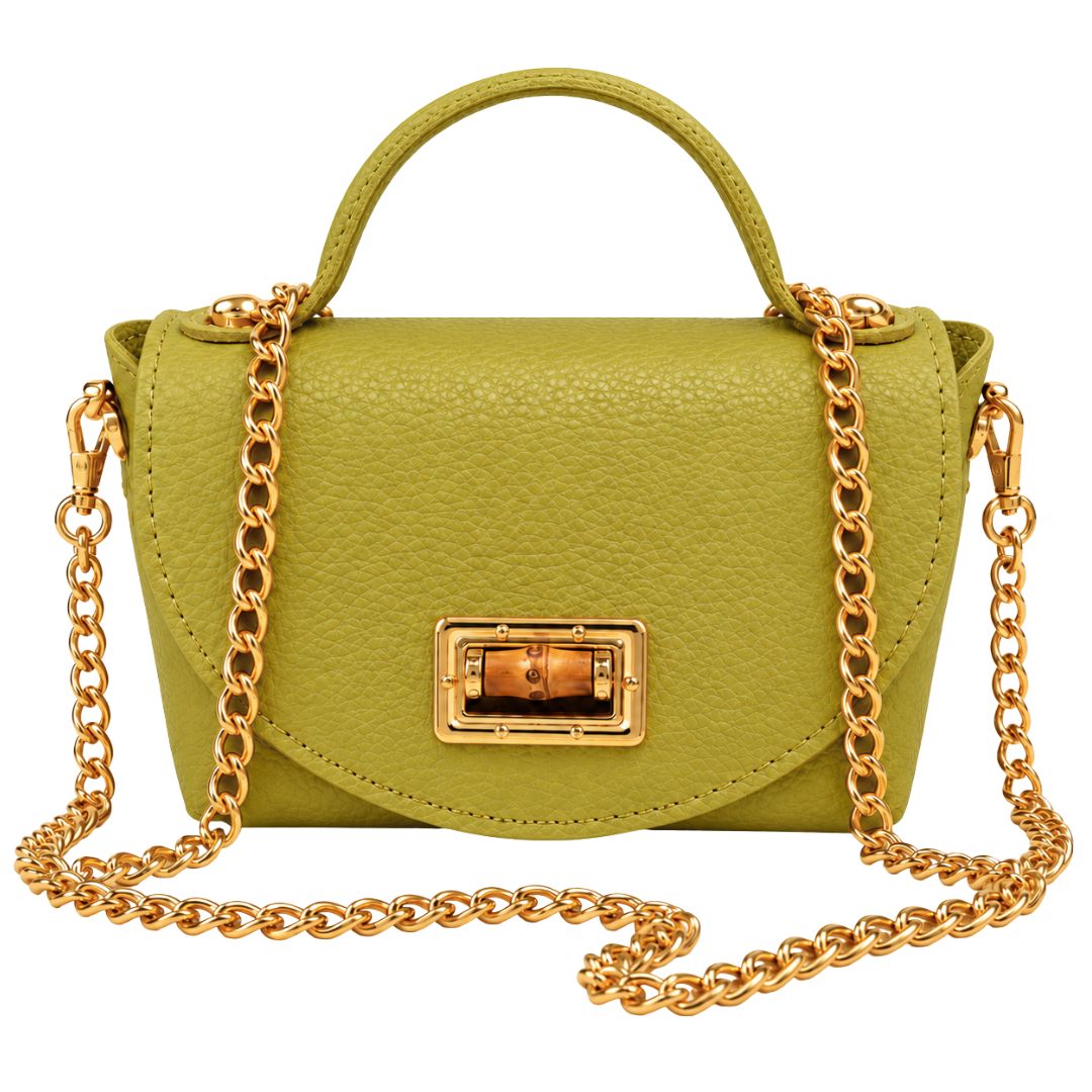 Borsa in pelle con tracolla oro e chiusura in bambù Made in Italy