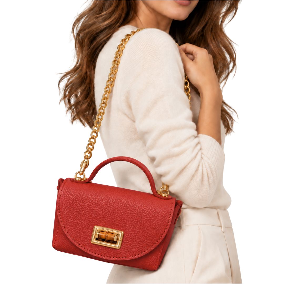Borsa in pelle con tracolla oro e chiusura in bambù Made in Italy