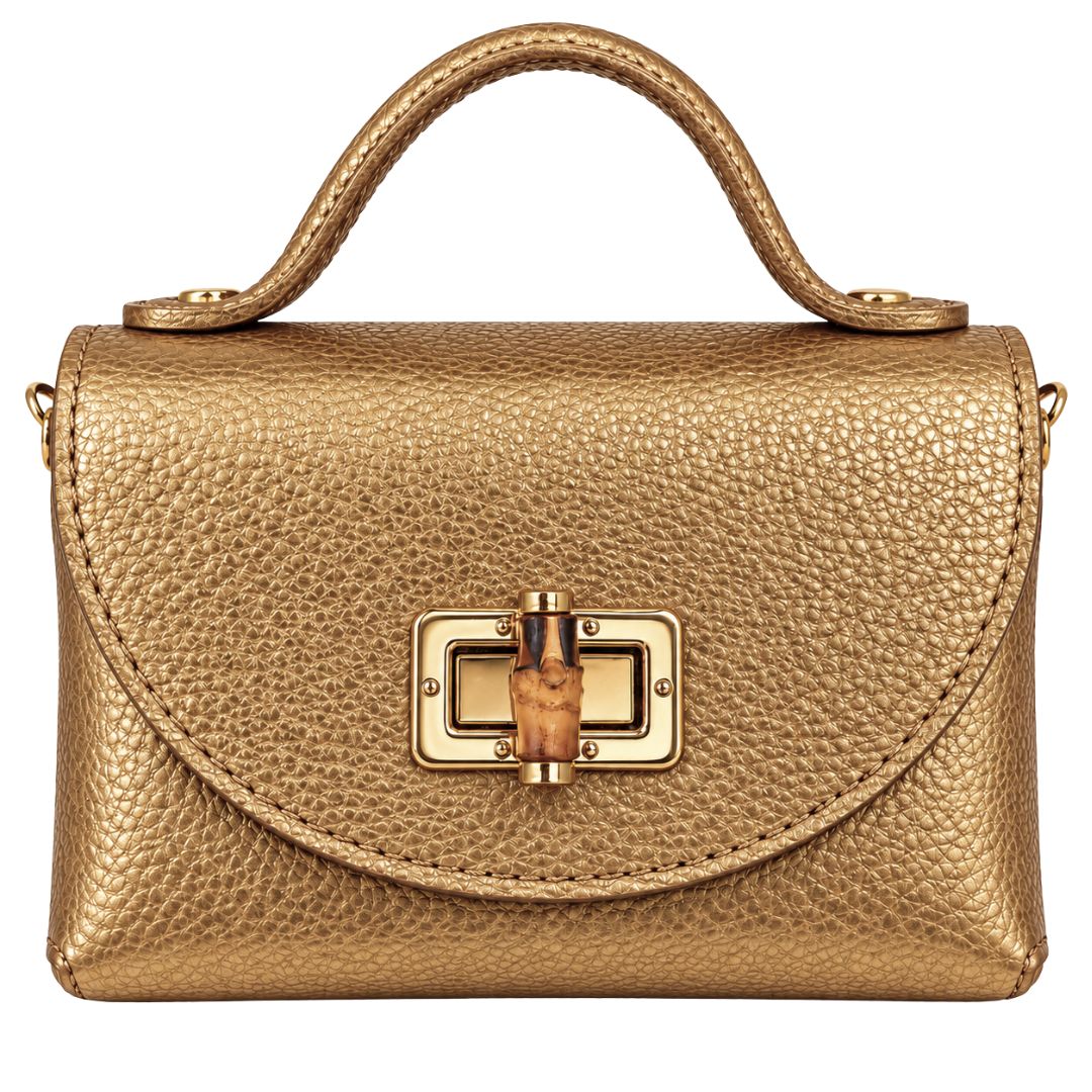 Borsa in pelle con tracolla oro e chiusura in bambù Made in Italy
