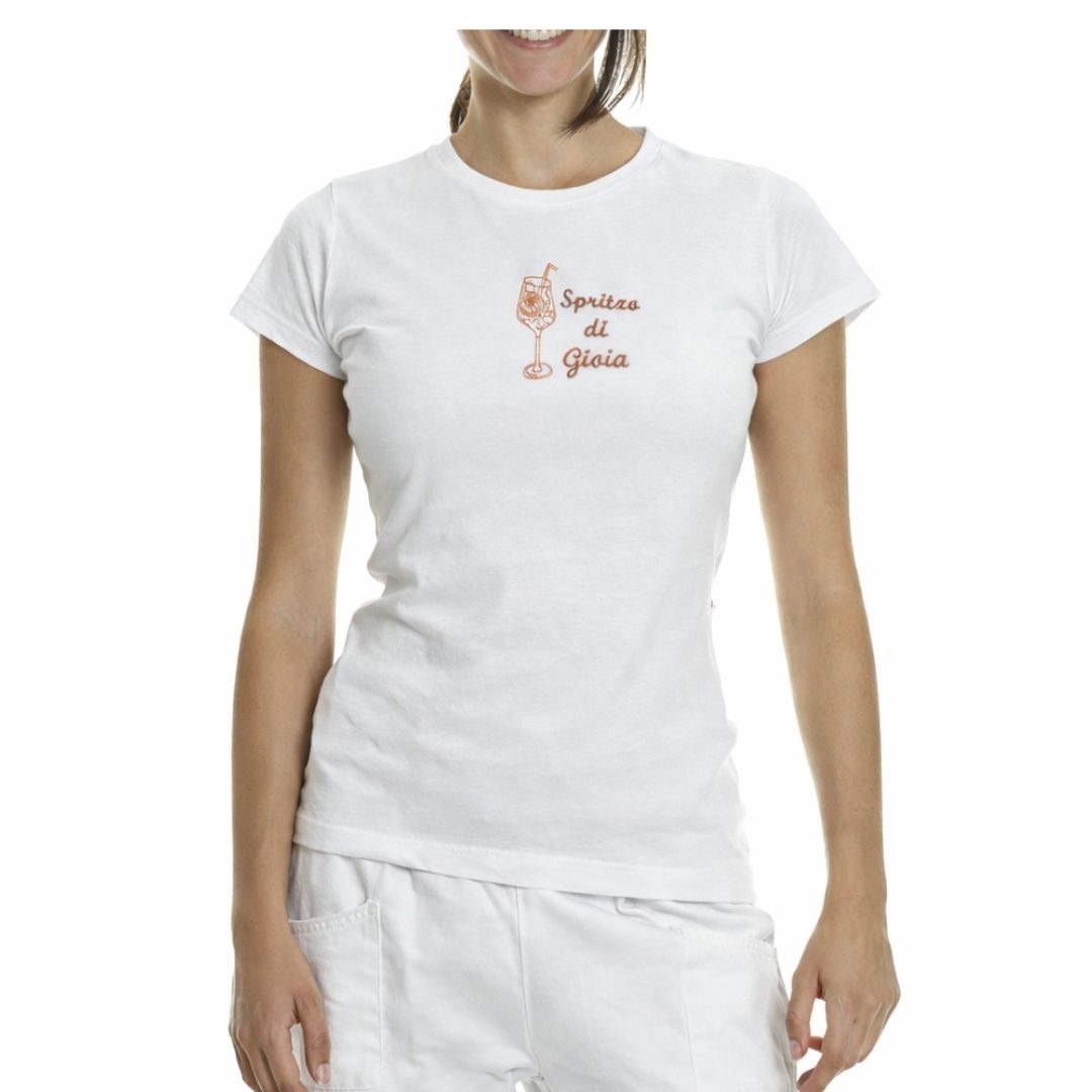 T-shirt ricamata con scritta "spritzo di gioia" 100% cotone