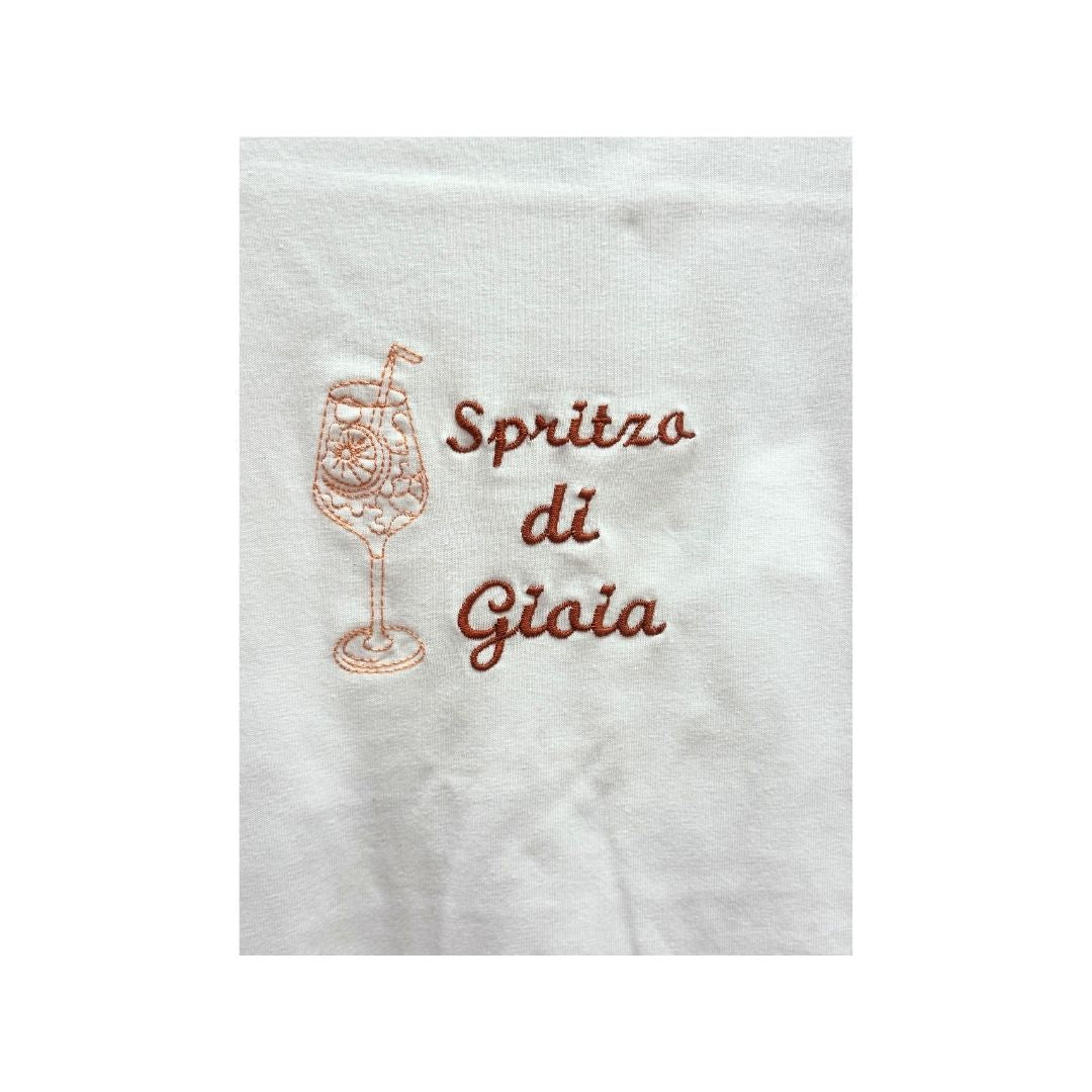 T-shirt ricamata con scritta "spritzo di gioia" 100% cotone