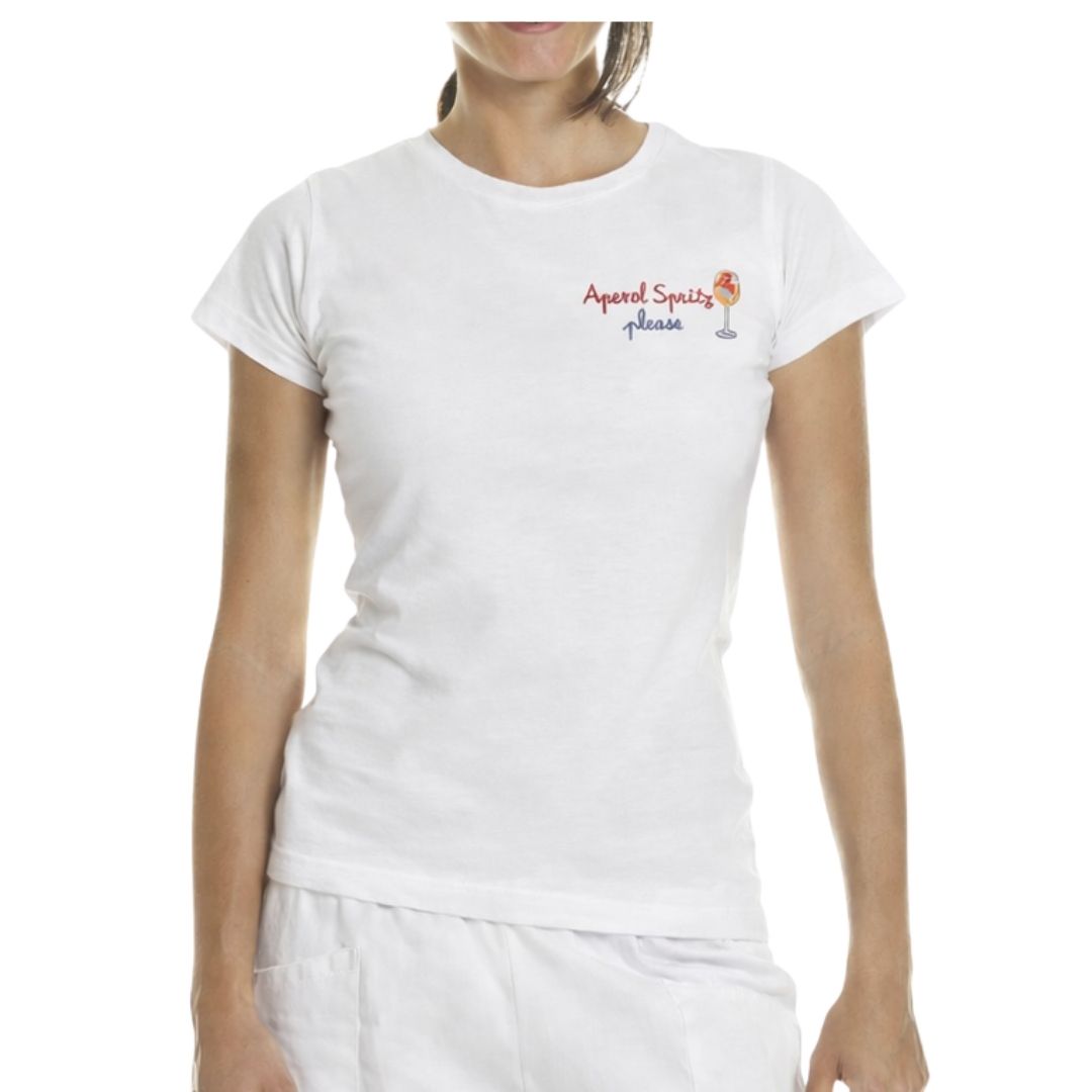 T-shirt ricamata con scritta "Aperol spritz please" 100% cotone