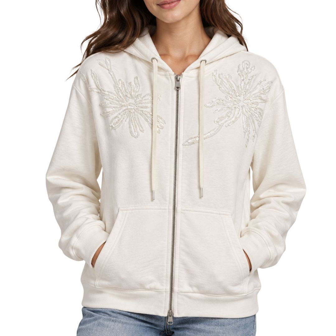 Felpa donna con zip e cappuccio ricamo fiore con paillettes