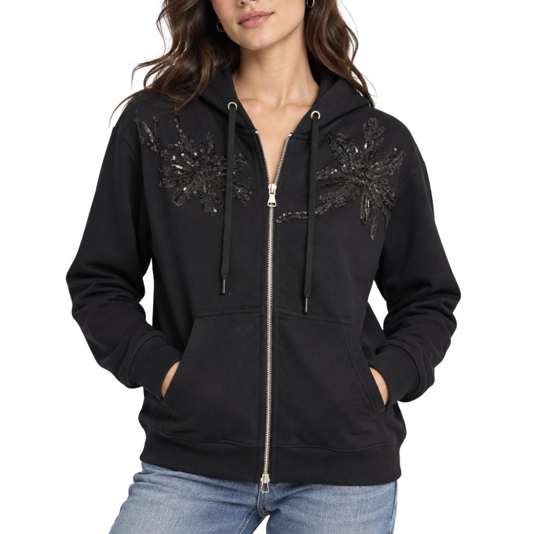 Felpa donna con zip e cappuccio ricamo fiore con paillettes