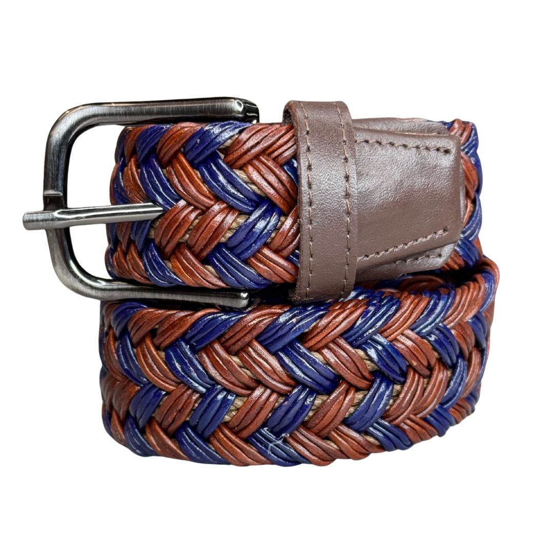 Cintura uomo intrecciata bicolore in cuoio rigenerato e fibbia in acciaio