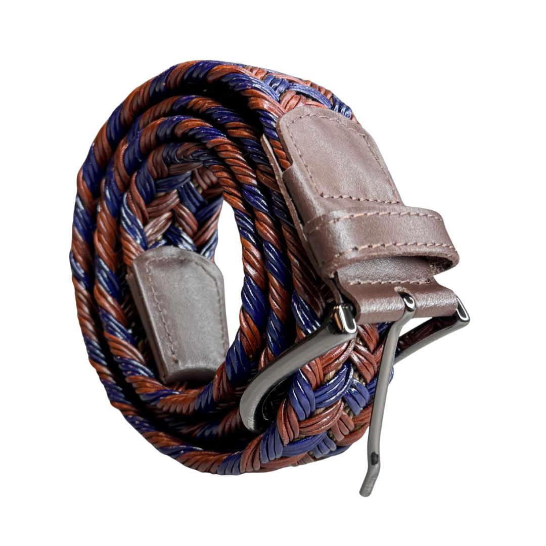 Cintura uomo intrecciata bicolore in cuoio rigenerato e fibbia in acciaio