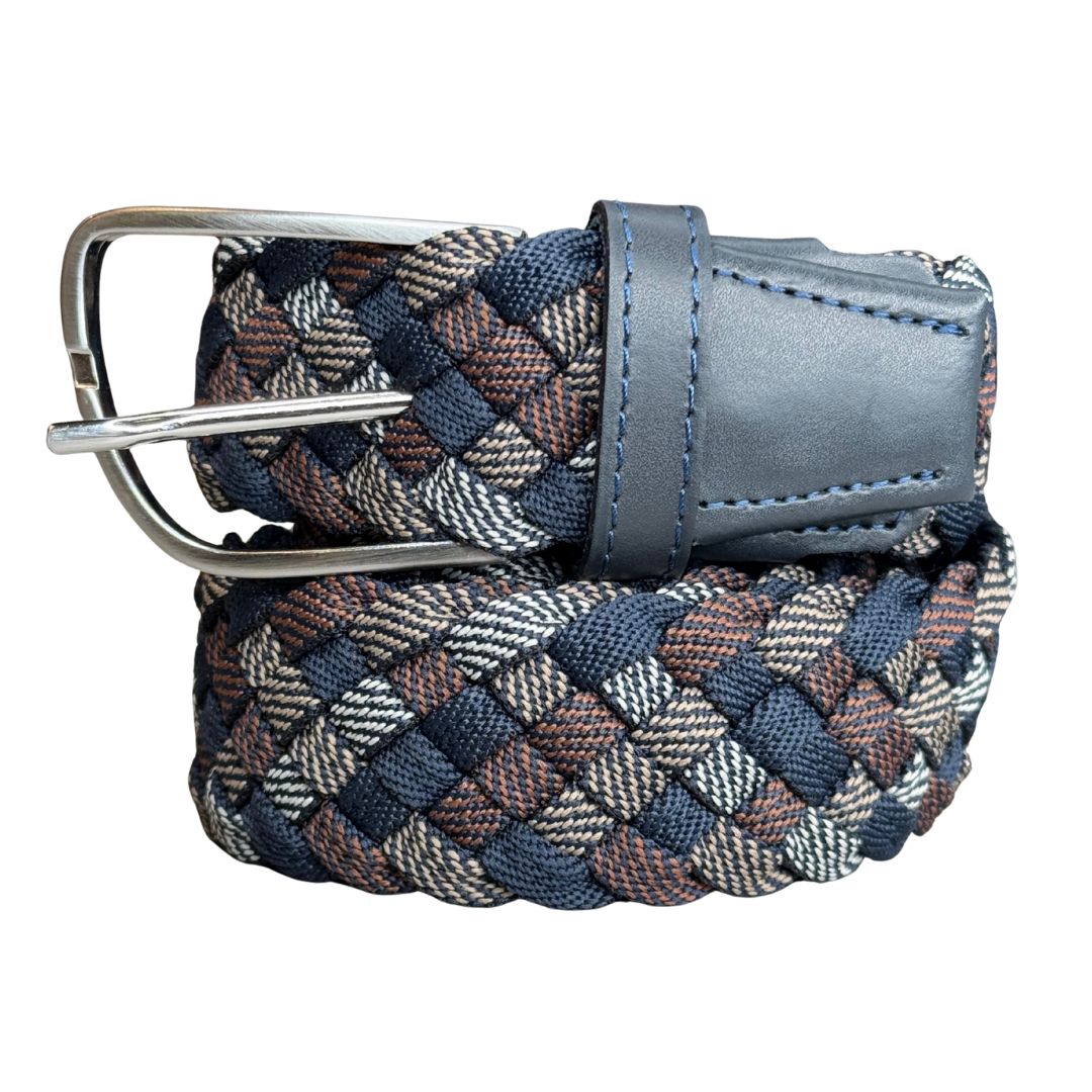 Cintura uomo multicolore intrecciata in tessuto elastan con fibbia in acciaio