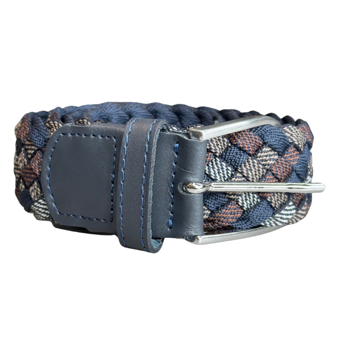 Cintura uomo multicolore intrecciata in tessuto elastan con fibbia in acciaio