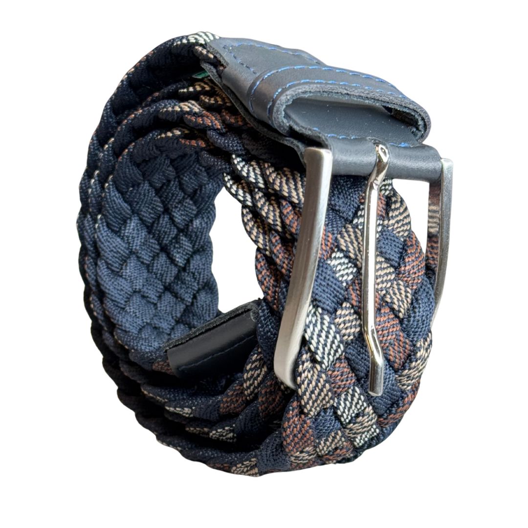 Cintura uomo multicolore intrecciata in tessuto elastan con fibbia in acciaio