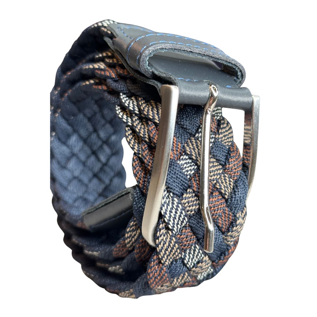Cintura uomo multicolore intrecciata in tessuto elastan con fibbia in acciaio