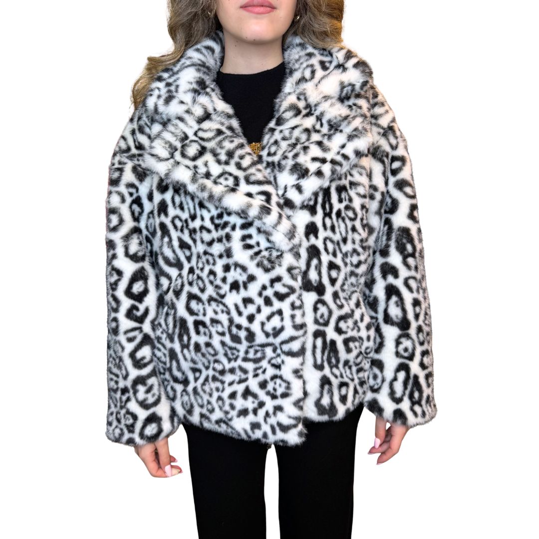 Eco-Pelliccia morbida donna fantasia maculata, con bottoni doppi e tasche