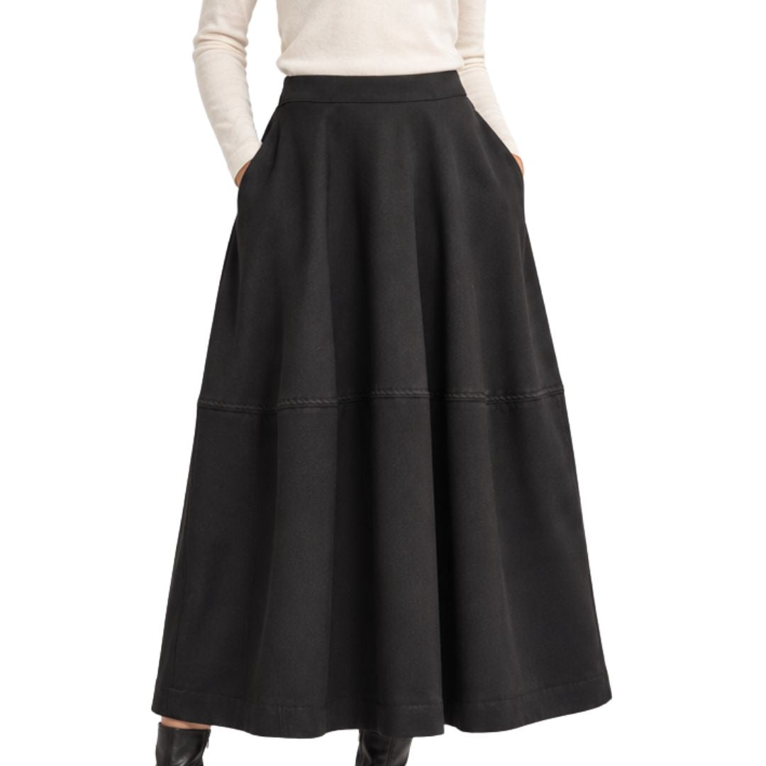 Gonna lunga donna tinta unita con tasche laterali e zip posteriore