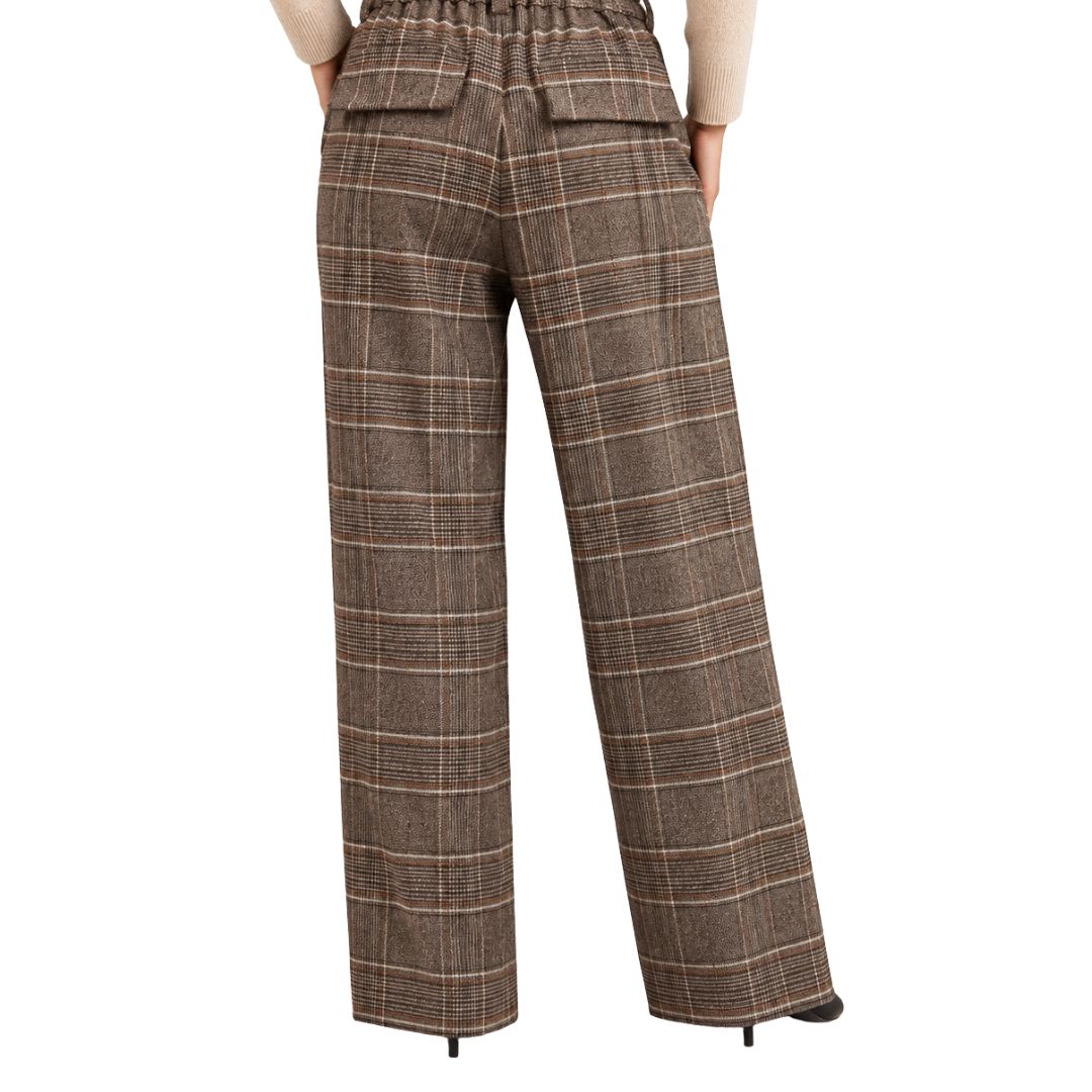 Pantaloni donna fantasia tartan con bottone e zip, vita elasticizzata e tasche