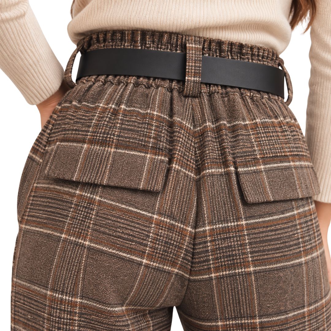 Pantaloni donna fantasia tartan con bottone e zip, vita elasticizzata e tasche