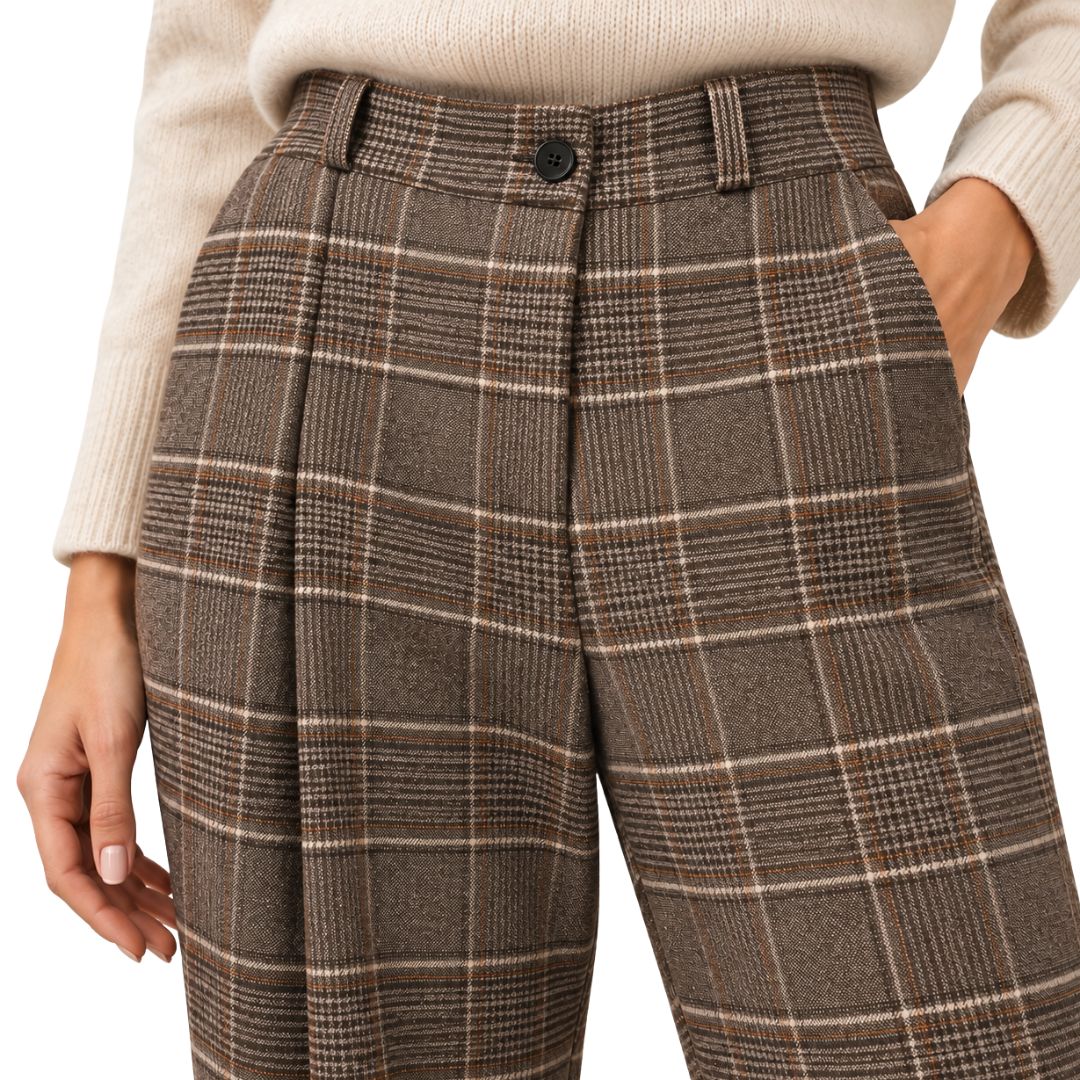Pantaloni donna fantasia tartan con bottone e zip, vita elasticizzata e tasche