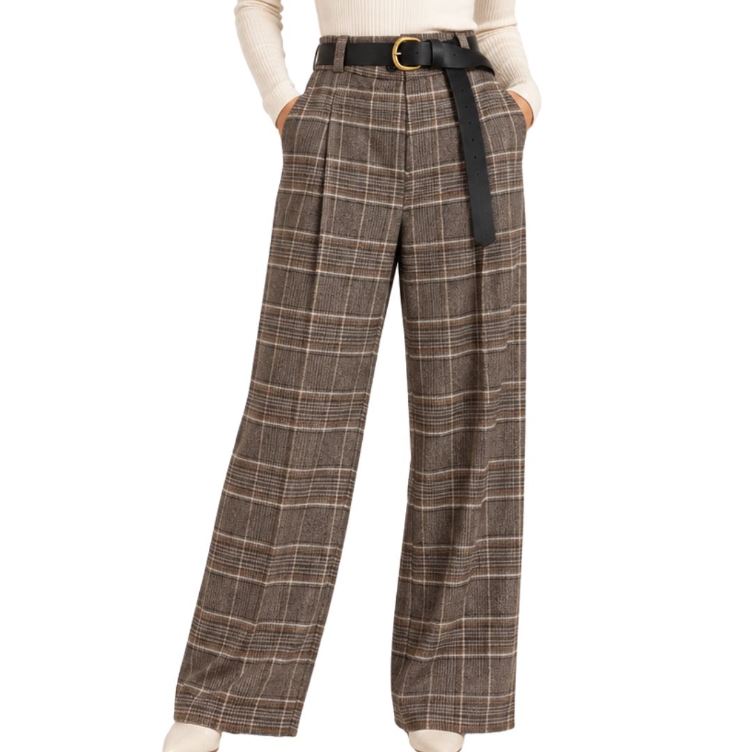 Pantaloni donna fantasia tartan con bottone e zip, vita elasticizzata e tasche