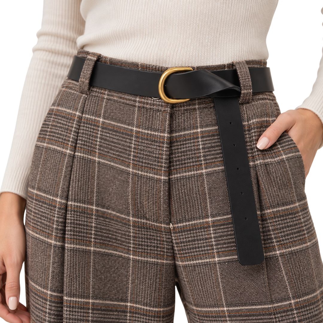 Pantaloni donna fantasia tartan con bottone e zip, vita elasticizzata e tasche