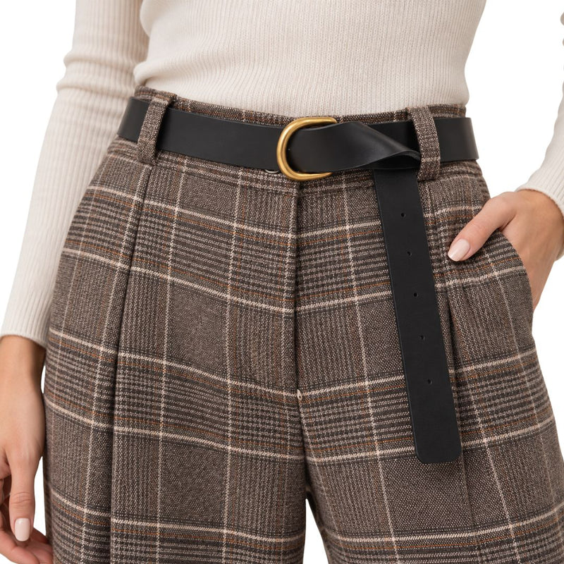 Pantaloni donna fantasia tartan con bottone e zip, vita elasticizzata e tasche