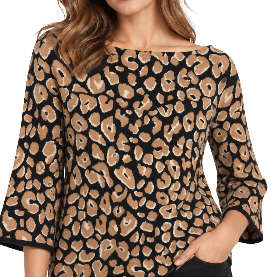 Maglia donna manica 3/4 collo a barca fantasia maculata
