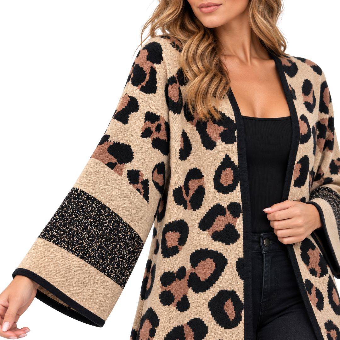 Cardigan donna in maglia senza bottoni fantasia maculata con frange