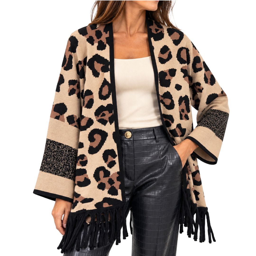 Cardigan donna in maglia senza bottoni fantasia maculata con frange