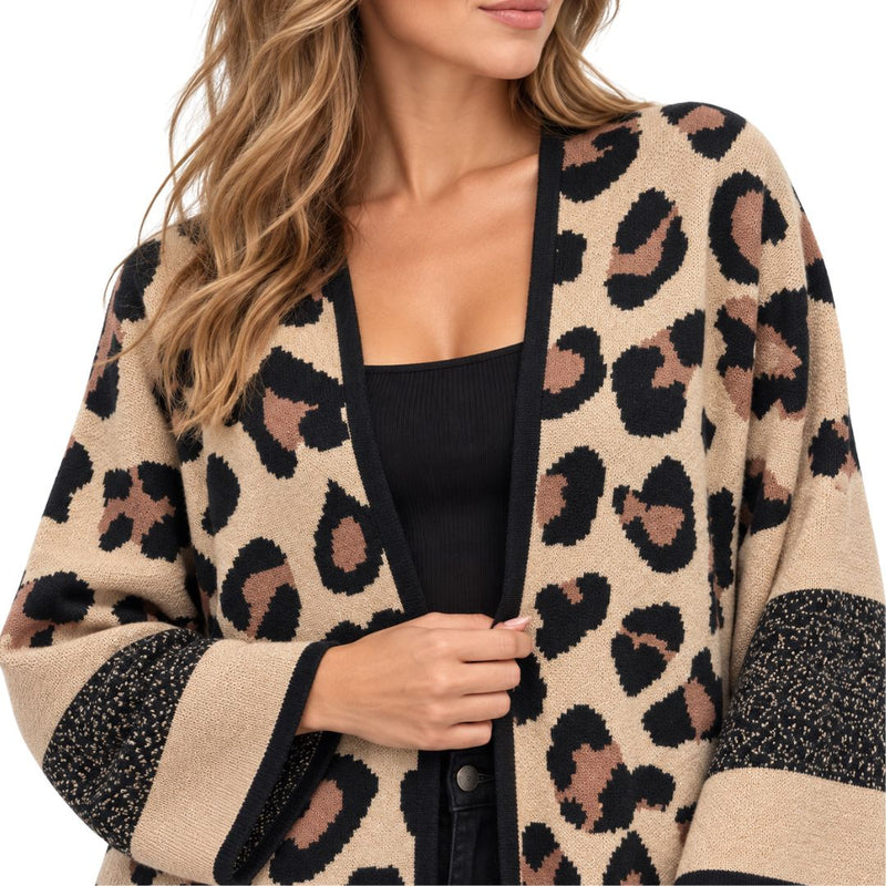 Cardigan donna in maglia senza bottoni fantasia maculata con frange