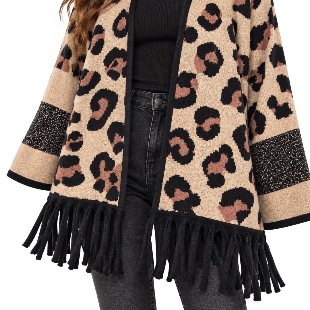 Cardigan donna in maglia senza bottoni fantasia maculata con frange