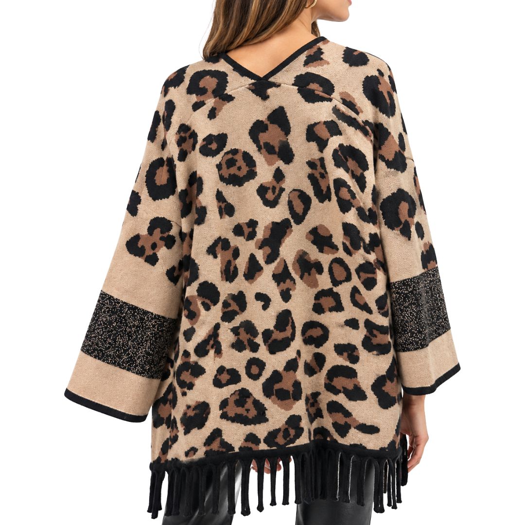 Cardigan donna in maglia senza bottoni fantasia maculata con frange