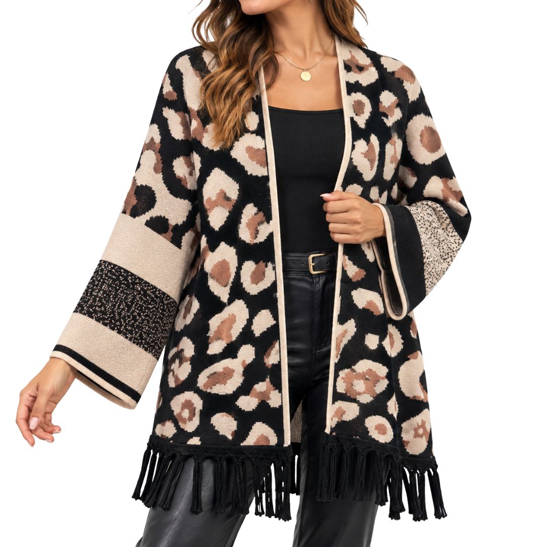 Cardigan donna in maglia senza bottoni fantasia maculata con frange