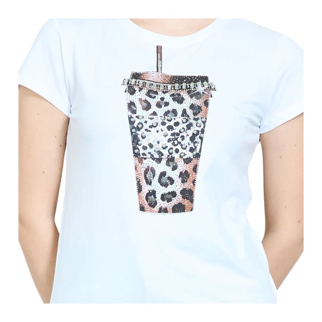 T-shirt donna manica corta motivo starbucks leopard decorata con strass argento