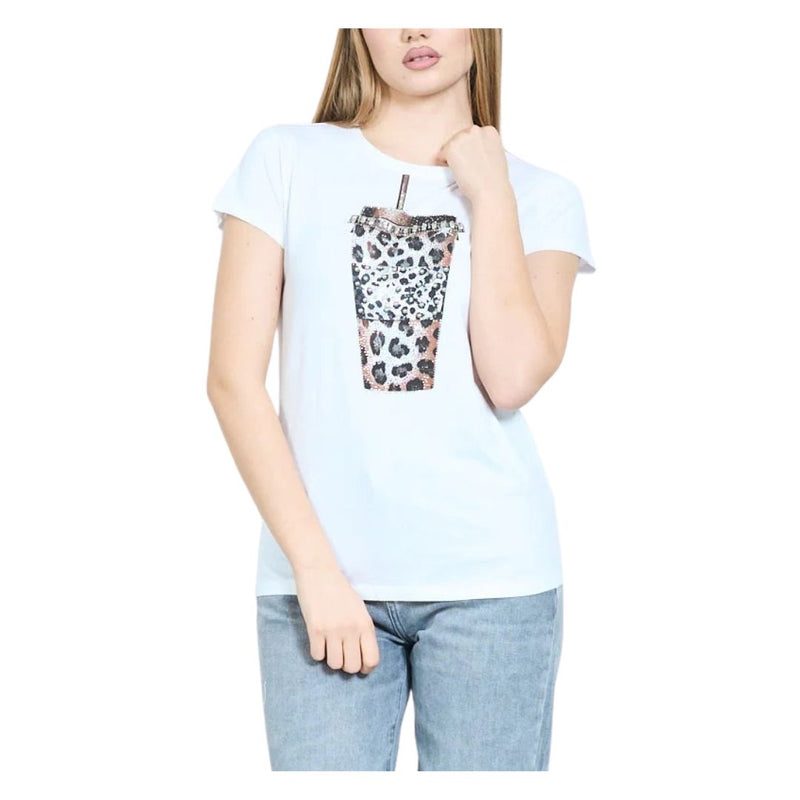 T-shirt donna manica corta motivo starbucks leopard decorata con strass argento