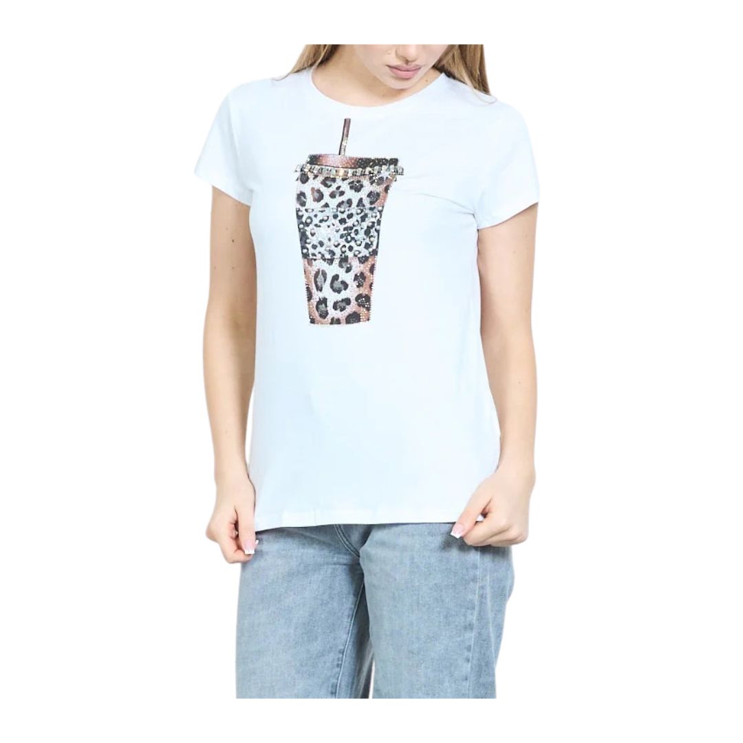 T-shirt donna manica corta motivo starbucks leopard decorata con strass argento