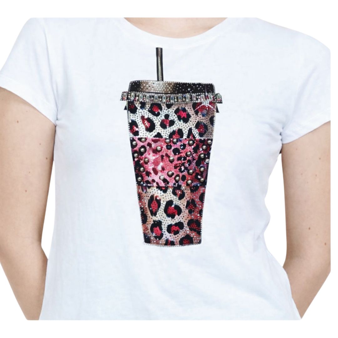 T-shirt donna manica corta motivo starbucks leopard decorata con strass rosa