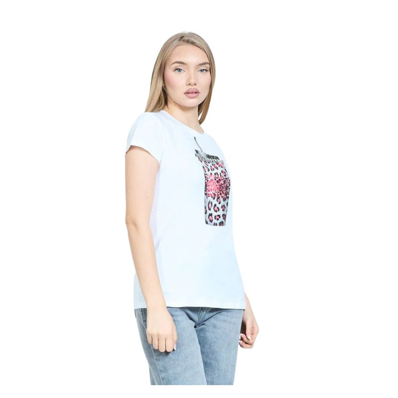 T-shirt donna manica corta motivo starbucks leopard decorata con strass rosa