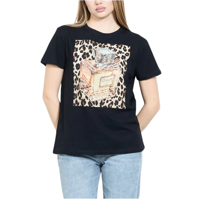 T-shirt donna manica corta motivo boccetta di profumo leopardata dorata